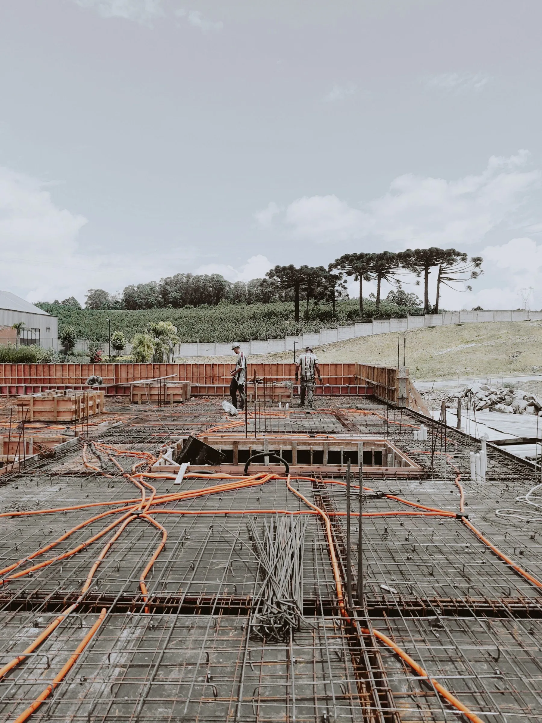 Structural reinforcement and formwork on a large construction site